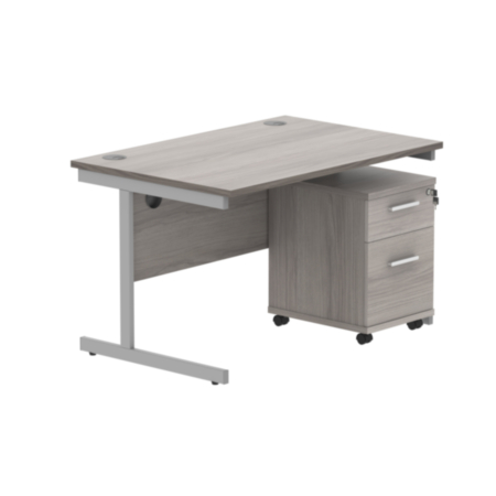 Single Upright Rectangular Desk + 2 Drawer Mobile Under Desk Pedestal | 1200X800 | Alaskan Grey Oak/Silver