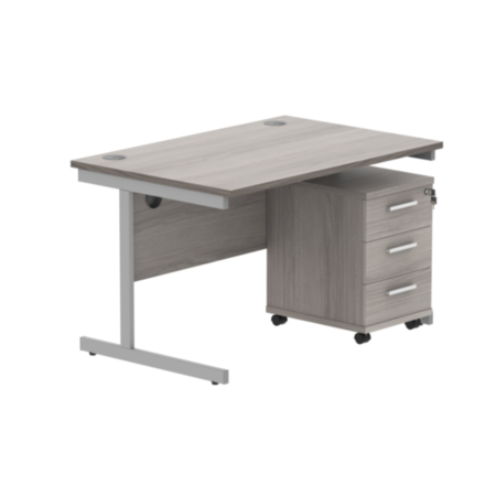 Single Upright Rectangular Desk + 3 Drawer Mobile Under Desk Pedestal | 1200X800 | Alaskan Grey Oak/Silver