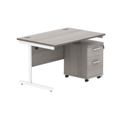 Single Upright Rectangular Desk + 2 Drawer Mobile Under Desk Pedestal | 1200X800 | Alaskan Grey Oak/White
