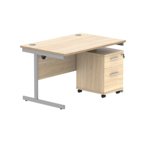 Single Upright Rectangular Desk + 2 Drawer Mobile Under Desk Pedestal | 1200X800 | Canadian Oak/Silver