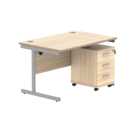 Single Upright Rectangular Desk + 3 Drawer Mobile Under Desk Pedestal | 1200X800 | Canadian Oak/Silver
