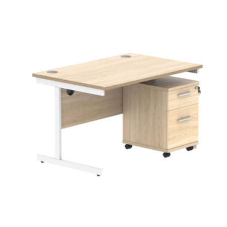 Single Upright Rectangular Desk + 2 Drawer Mobile Under Desk Pedestal | 1200X800 | Canadian Oak/White