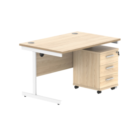 Single Upright Rectangular Desk + 3 Drawer Mobile Under Desk Pedestal | 1200X800 | Canadian Oak/White
