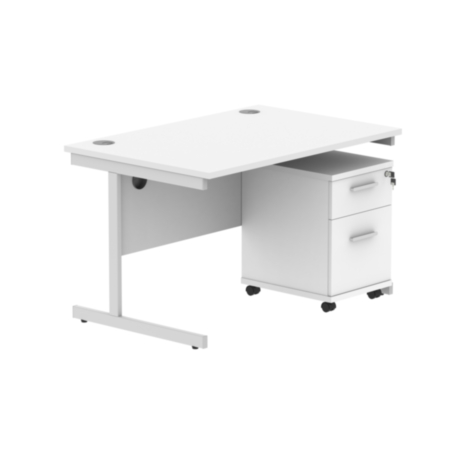 Single Upright Rectangular Desk + 2 Drawer Mobile Under Desk Pedestal | 1200X800 | Arctic White/Silver