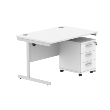 Single Upright Rectangular Desk + 3 Drawer Mobile Under Desk Pedestal | 1200X800 | Arctic White/Silver