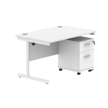 Single Upright Rectangular Desk + 2 Drawer Mobile Under Desk Pedestal | 1200X800 | Arctic White/White