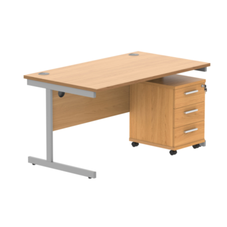 Single Upright Rectangular Desk + 3 Drawer Mobile Under Desk Pedestal | 1400X800 | Norwegian Beech/Silver