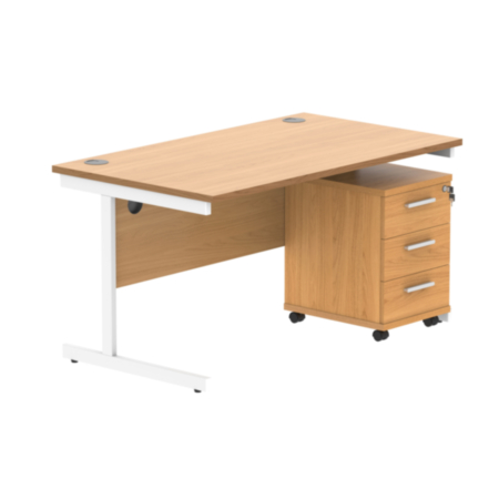 Single Upright Rectangular Desk + 3 Drawer Mobile Under Desk Pedestal | 1400X800 | Norwegian Beech/White