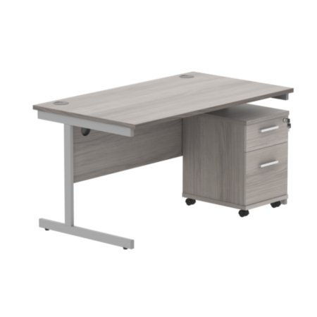 Single Upright Rectangular Desk + 2 Drawer Mobile Under Desk Pedestal | 1400X800 | Alaskan Grey Oak/Silver