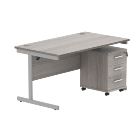 Single Upright Rectangular Desk + 3 Drawer Mobile Under Desk Pedestal | 1400X800 | Alaskan Grey Oak/Silver