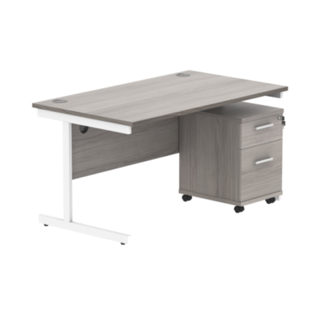 Single Upright Rectangular Desk + 2 Drawer Mobile Under Desk Pedestal | 1400X800 | Alaskan Grey Oak/White
