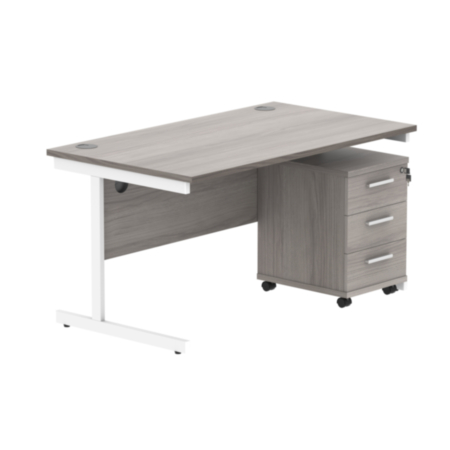 Single Upright Rectangular Desk + 3 Drawer Mobile Under Desk Pedestal | 1400X800 | Alaskan Grey Oak/White