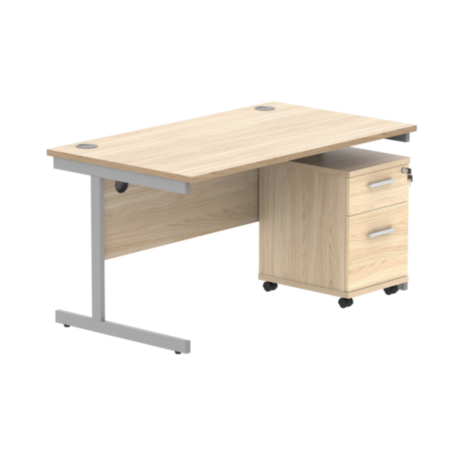 Single Upright Rectangular Desk + 2 Drawer Mobile Under Desk Pedestal | 1400X800 | Canadian Oak/Silver