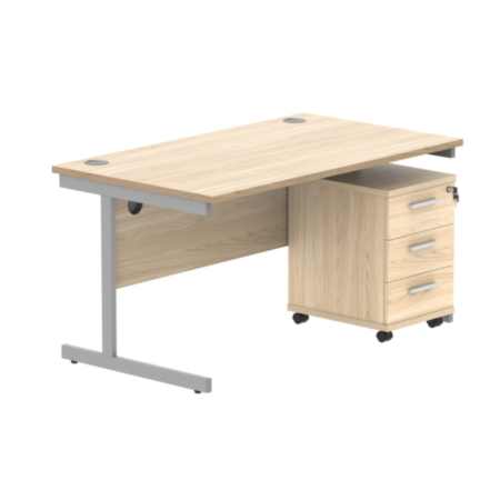 Single Upright Rectangular Desk + 3 Drawer Mobile Under Desk Pedestal | 1400X800 | Canadian Oak/Silver