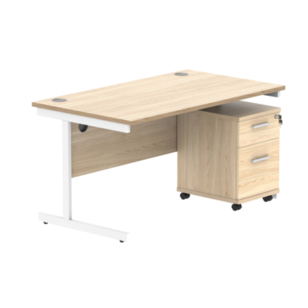 Single Upright Rectangular Desk + 2 Drawer Mobile Under Desk Pedestal | 1400X800 | Canadian Oak/White