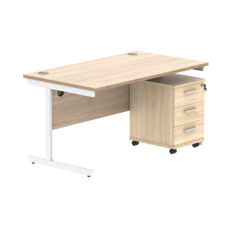 Single Upright Rectangular Desk + 3 Drawer Mobile Under Desk Pedestal | 1400X800 | Canadian Oak/White