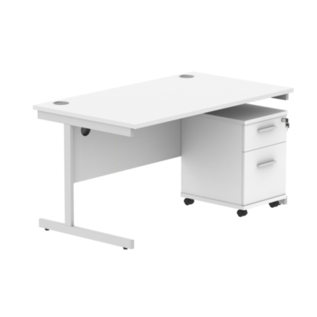 Single Upright Rectangular Desk + 2 Drawer Mobile Under Desk Pedestal | 1400X800 | Arctic White/Silver