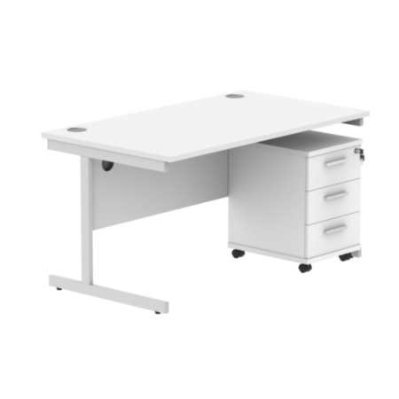 Single Upright Rectangular Desk + 3 Drawer Mobile Under Desk Pedestal | 1400X800 | Arctic White/Silver