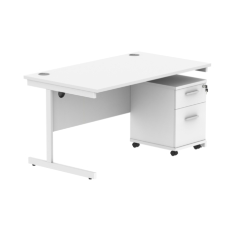 Single Upright Rectangular Desk + 2 Drawer Mobile Under Desk Pedestal | 1400X800 | Arctic White/White