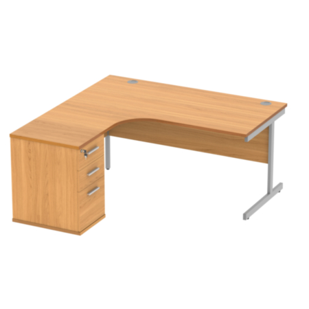 Single Upright Left Hand Radial Desk + Desk High Pedestal | 600Mm Deep Pedestal | 1600X1200 | Norwegian Beech/Silver