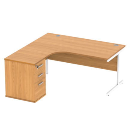 Single Upright Left Hand Radial Desk + Desk High Pedestal | 600Mm Deep Pedestal | 1600X1200 | Norwegian Beech/White