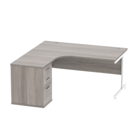 Single Upright Left Hand Radial Desk + Desk High Pedestal | 600Mm Deep Pedestal | 1600X1200 | Alaskan Grey Oak/White