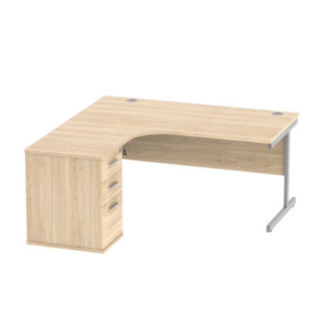 Single Upright Left Hand Radial Desk + Desk High Pedestal | 600Mm Deep Pedestal | 1600X1200 | Canadian Oak/Silver