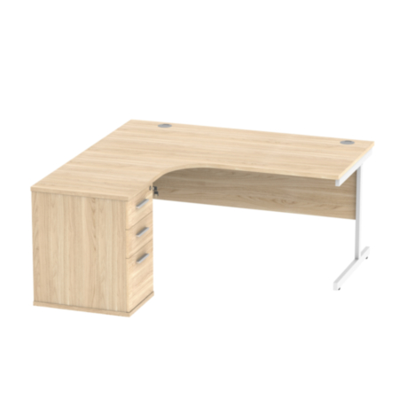 Single Upright Left Hand Radial Desk + Desk High Pedestal | 600Mm Deep Pedestal | 1600X1200 | Canadian Oak/White