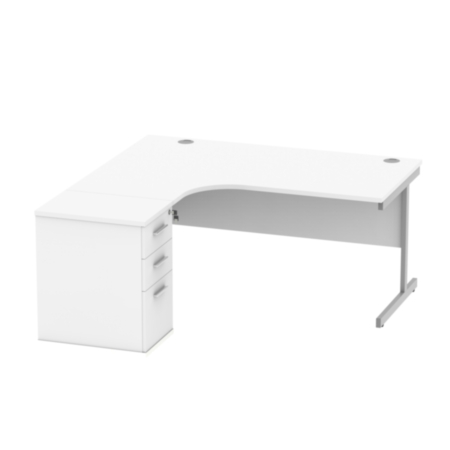Single Upright Left Hand Radial Desk + Desk High Pedestal | 600Mm Deep Pedestal | 1600X1200 | Arctic White/Silver