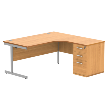 Single Upright Right Hand Radial Desk + Desk High Pedestal | 600Mm Deep Pedestal | 1600X1200 | Norwegian Beech/Silver
