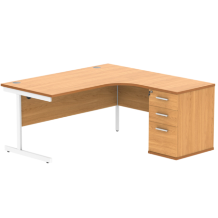 Single Upright Right Hand Radial Desk + Desk High Pedestal | 600Mm Deep Pedestal | 1600X1200 | Norwegian Beech/White