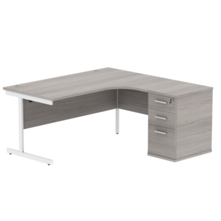 Single Upright Right Hand Radial Desk + Desk High Pedestal | 600Mm Deep Pedestal | 1600X1200 | Alaskan Grey Oak/White