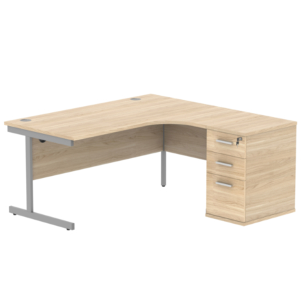 Single Upright Right Hand Radial Desk + Desk High Pedestal | 600Mm Deep Pedestal | 1600X1200 | Canadian Oak/Silver