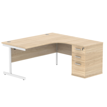 Single Upright Right Hand Radial Desk + Desk High Pedestal | 600Mm Deep Pedestal | 1600X1200 | Canadian Oak/White