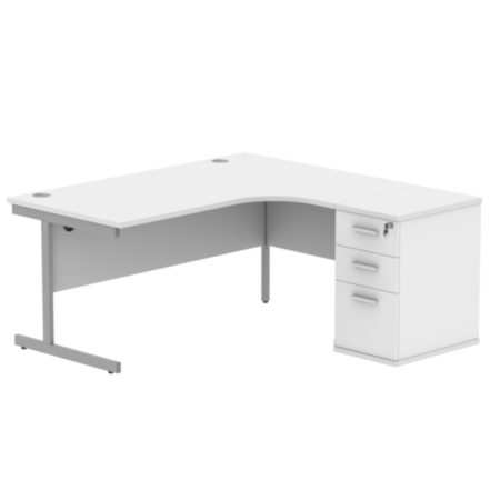 Single Upright Right Hand Radial Desk + Desk High Pedestal | 600Mm Deep Pedestal | 1600X1200 | Arctic White/Silver