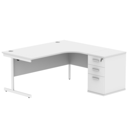Single Upright Right Hand Radial Desk + Desk High Pedestal | 600Mm Deep Pedestal | 1600X1200 | Arctic White/White
