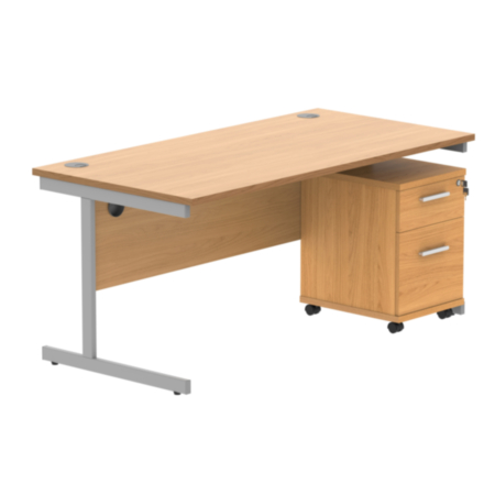 Single Upright Rectangular Desk + 2 Drawer Mobile Under Desk Pedestal | 1600X800 | Norwegian Beech/Silver