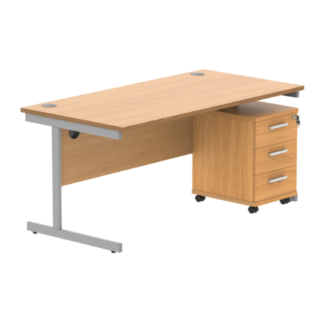 Single Upright Rectangular Desk + 3 Drawer Mobile Under Desk Pedestal | 1600X800 | Norwegian Beech/Silver