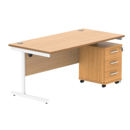 Single Upright Rectangular Desk + 3 Drawer Mobile Under Desk Pedestal | 1600X800 | Norwegian Beech/White