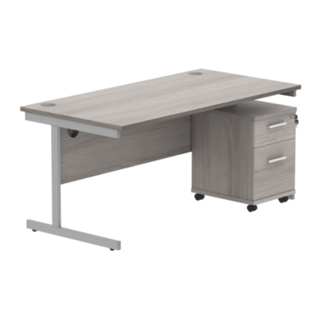 Single Upright Rectangular Desk + 2 Drawer Mobile Under Desk Pedestal | 1600X800 | Alaskan Grey Oak/Silver