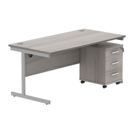 Single Upright Rectangular Desk + 3 Drawer Mobile Under Desk Pedestal | 1600X800 | Alaskan Grey Oak/Silver