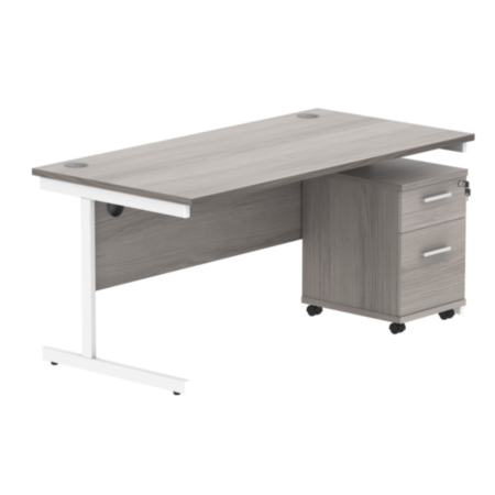 Single Upright Rectangular Desk + 2 Drawer Mobile Under Desk Pedestal | 1600X800 | Alaskan Grey Oak/White