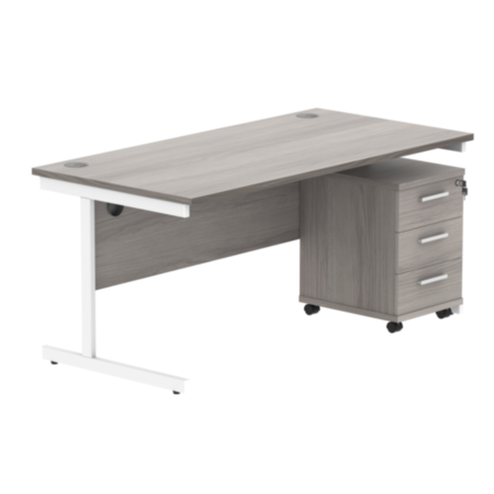 Single Upright Rectangular Desk + 3 Drawer Mobile Under Desk Pedestal | 1600X800 | Alaskan Grey Oak/White