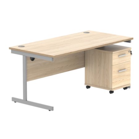 Single Upright Rectangular Desk + 2 Drawer Mobile Under Desk Pedestal | 1600X800 | Canadian Oak/Silver