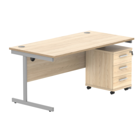 Single Upright Rectangular Desk + 3 Drawer Mobile Under Desk Pedestal | 1600X800 | Canadian Oak/Silver
