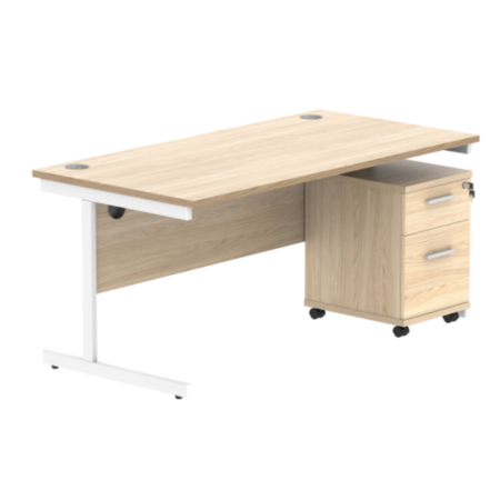 Single Upright Rectangular Desk + 2 Drawer Mobile Under Desk Pedestal | 1600X800 | Canadian Oak/White