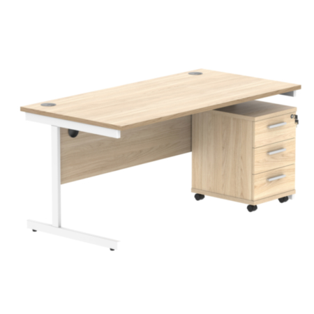 Single Upright Rectangular Desk + 3 Drawer Mobile Under Desk Pedestal | 1600X800 | Canadian Oak/White