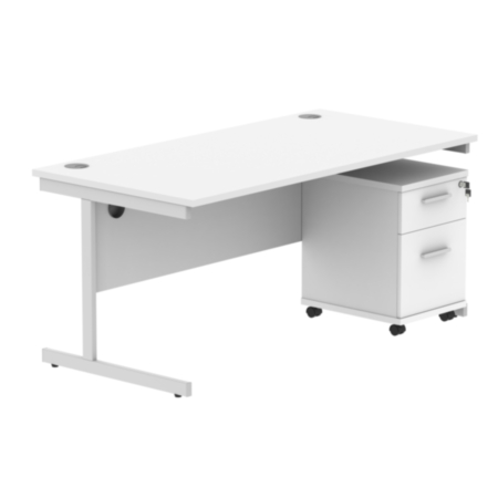 Single Upright Rectangular Desk + 2 Drawer Mobile Under Desk Pedestal | 1600X800 | Arctic White/Silver