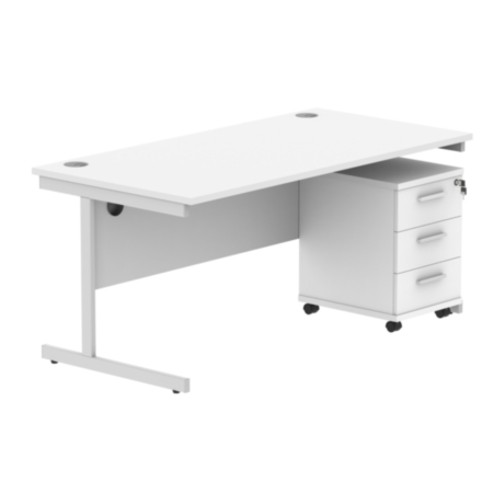 Single Upright Rectangular Desk + 3 Drawer Mobile Under Desk Pedestal | 1600X800 | Arctic White/Silver