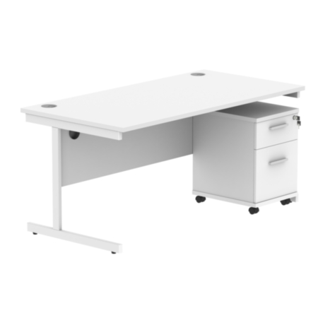 Single Upright Rectangular Desk + 2 Drawer Mobile Under Desk Pedestal | 1600X800 | Arctic White/White
